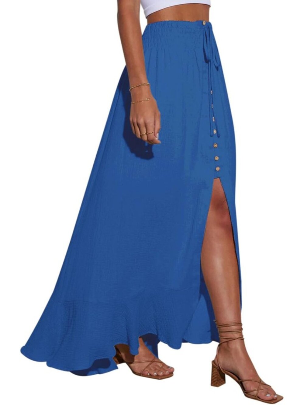 Women's Blue Tie Elastic Button Down Loose Flowy Swing Slit Front Maxi Skirt - Picture 2 of 6